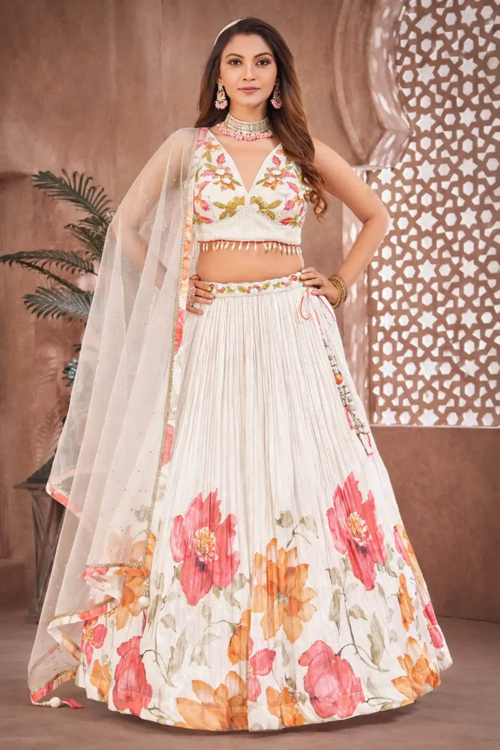 White Floral Printed Lehenga Choli Set with Dupatta